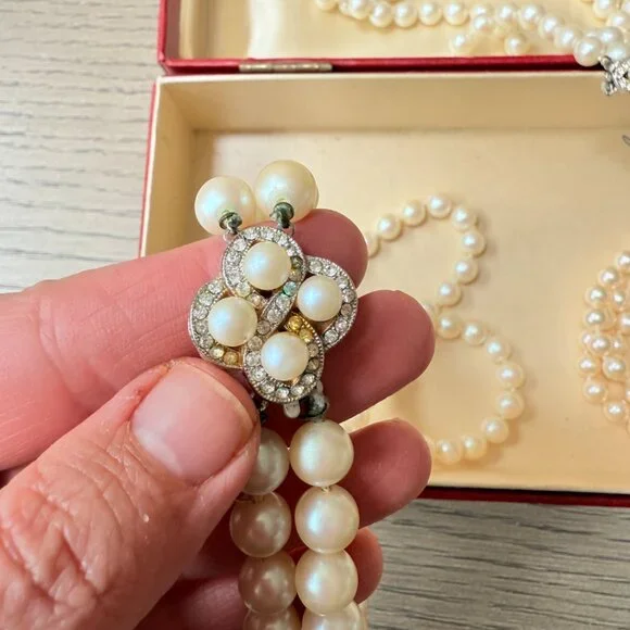 Vintage Double Strand Faux Pearl Necklaces with Rhinestone Clasp - Picture 8 of 11